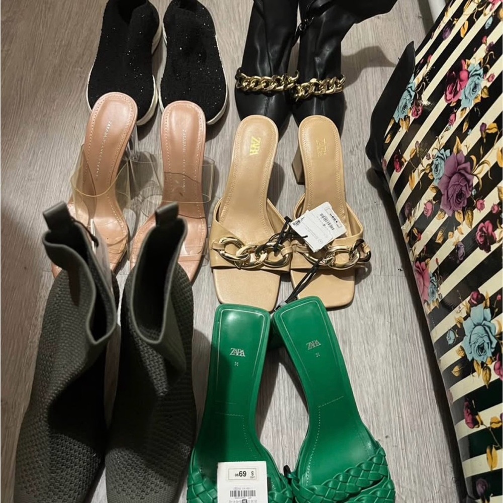 Zara Green Woven Heeled Sandals